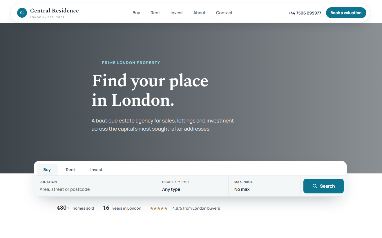 Central Residence landing page with property search